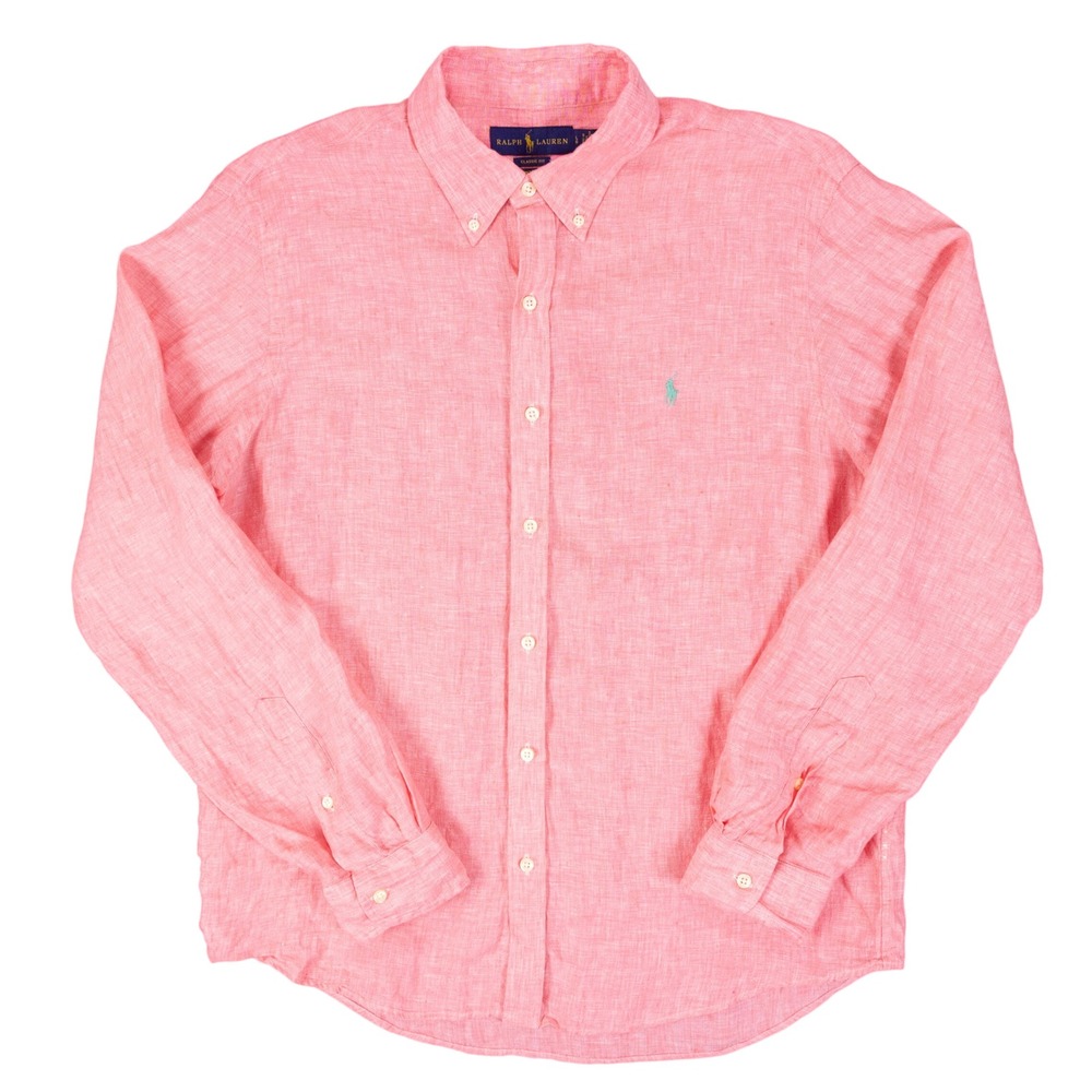Polo Ralph Lauren 100% Linen Shirt Mens L Pink Red Classic RL Untucked Fit Logo
